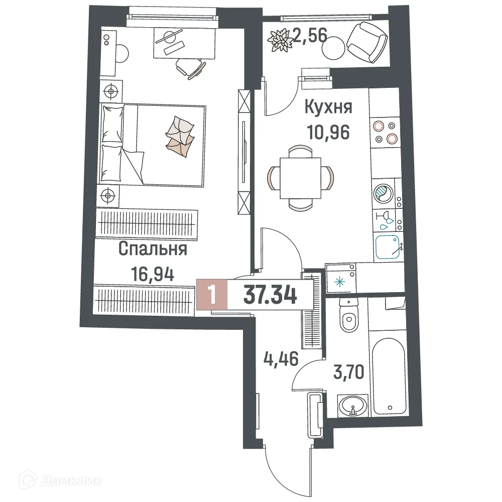 Планировка 1-комнатной квартиры 37.34 м² в ЖК "Авиатор", г. Мурино — фото 1