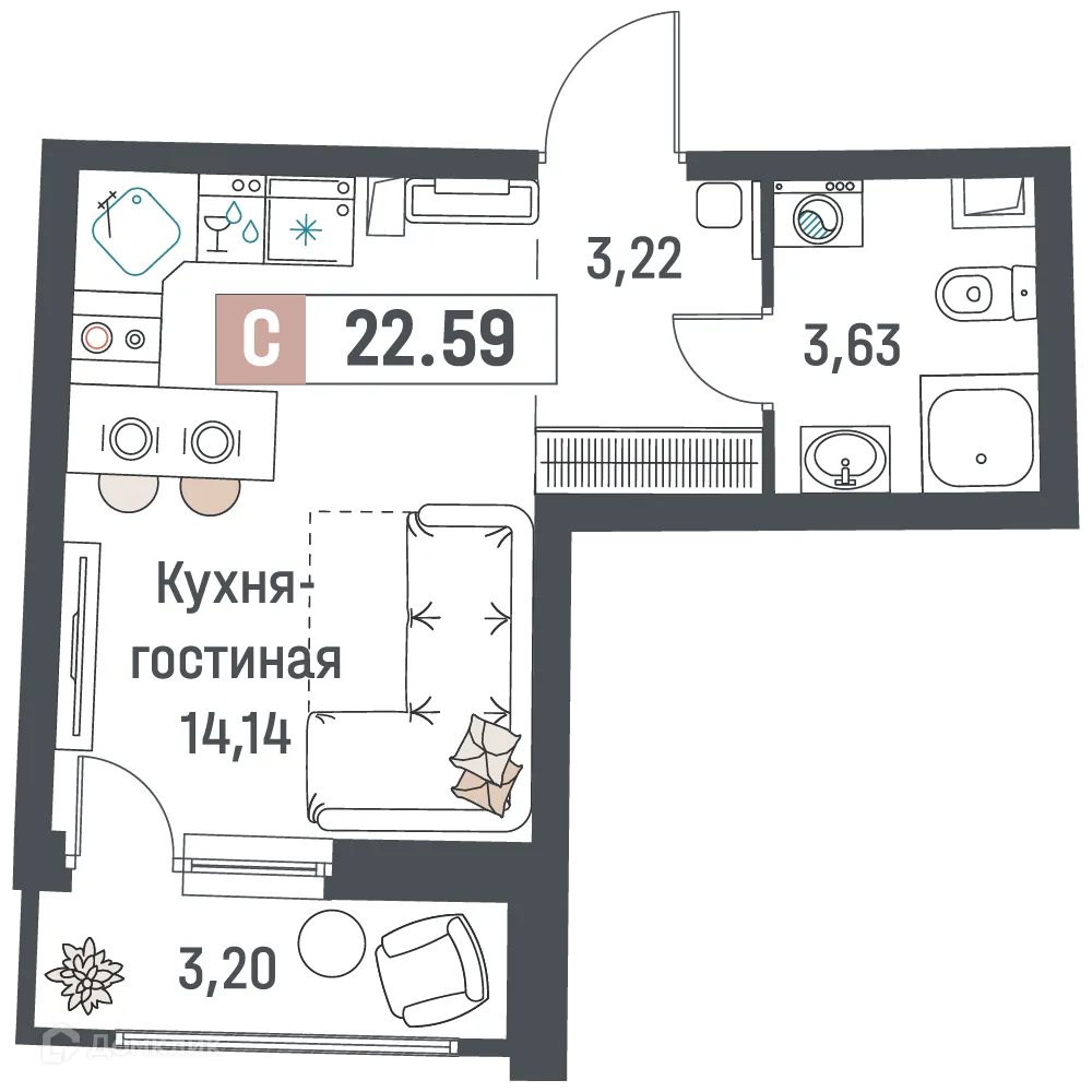 Планировка студии квартиры 22.59 м² в ЖК "Авиатор", г. Мурино — фото 1