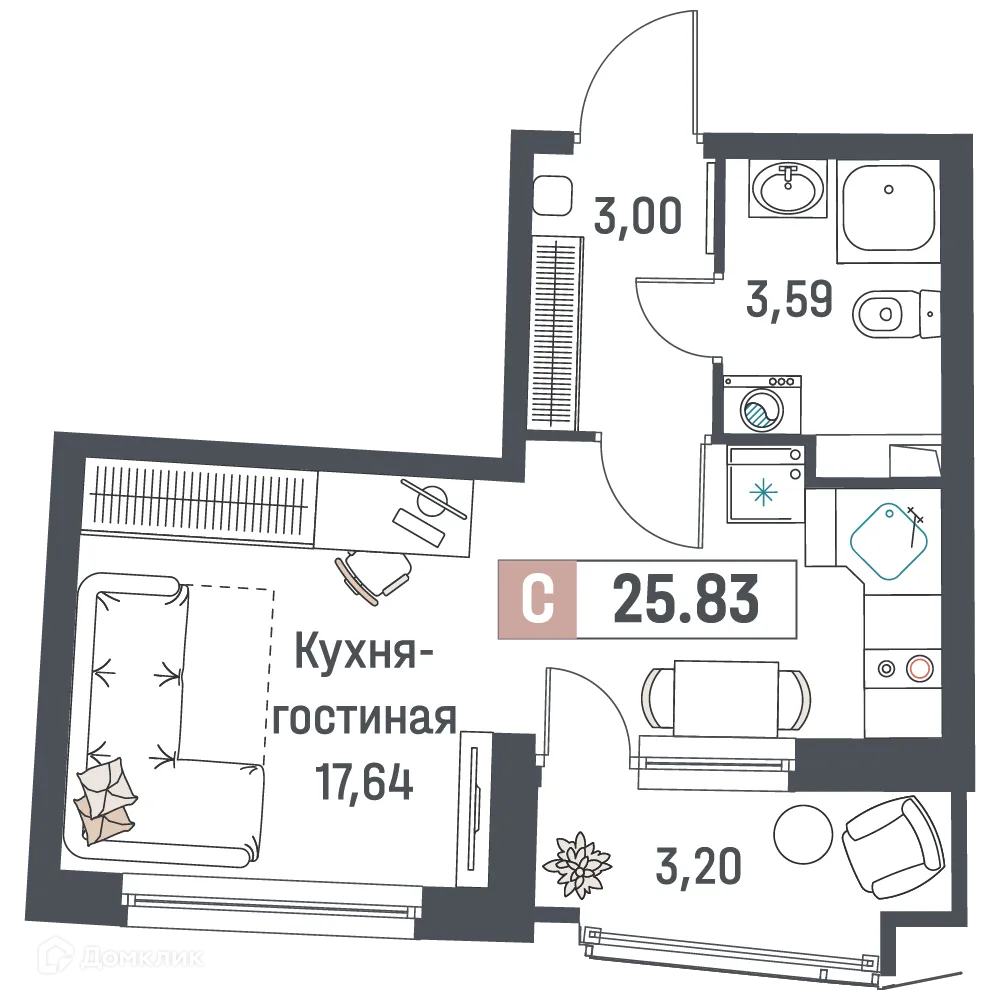 Планировка студии квартиры 25.83 м² в ЖК "Авиатор", г. Мурино — фото 1