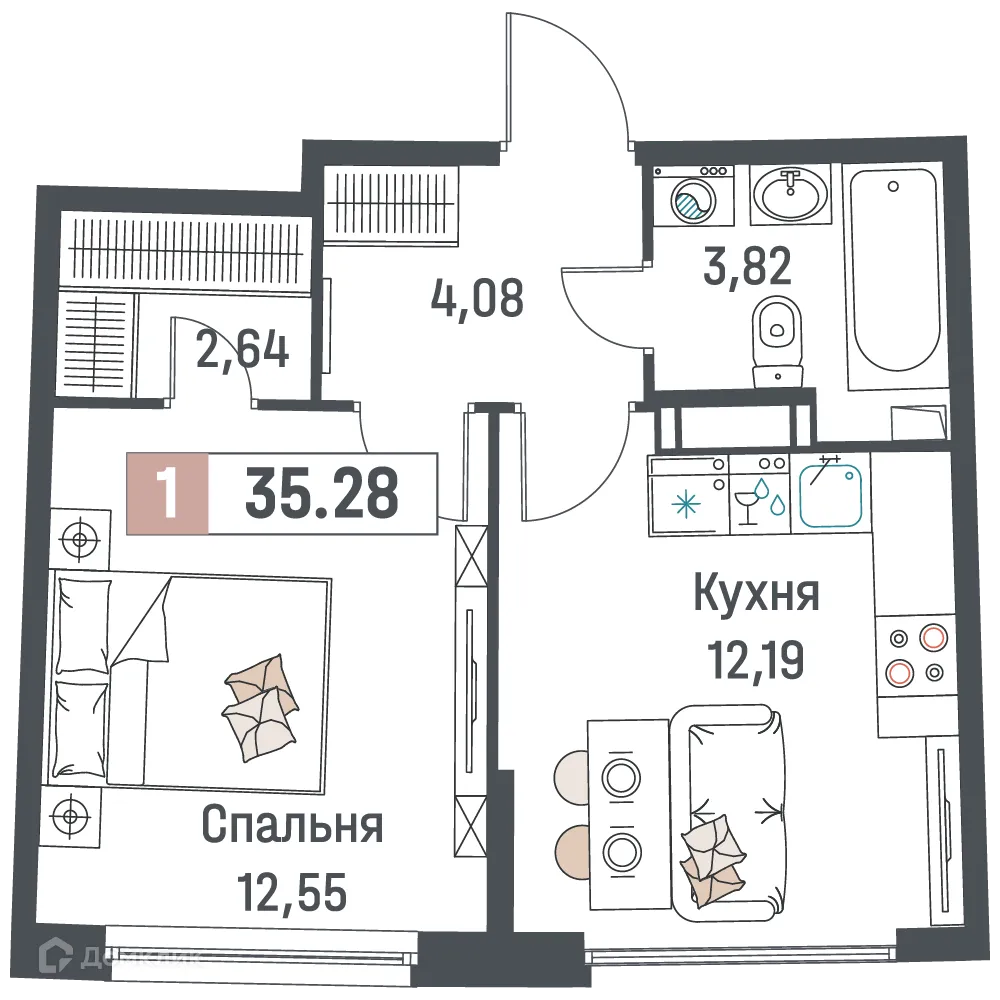 Планировка 1-комнатной квартиры 35.28 м² в ЖК "Авиатор", г. Мурино — фото 1