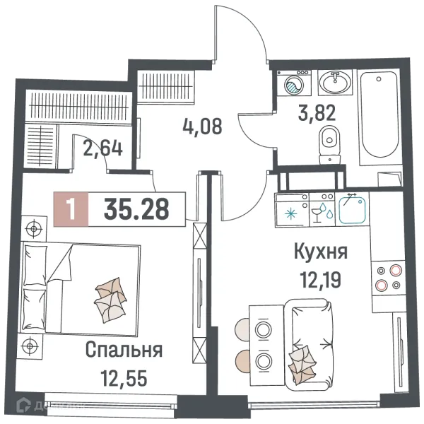 Планировка 1 комн. в ЖК "Авиатор"