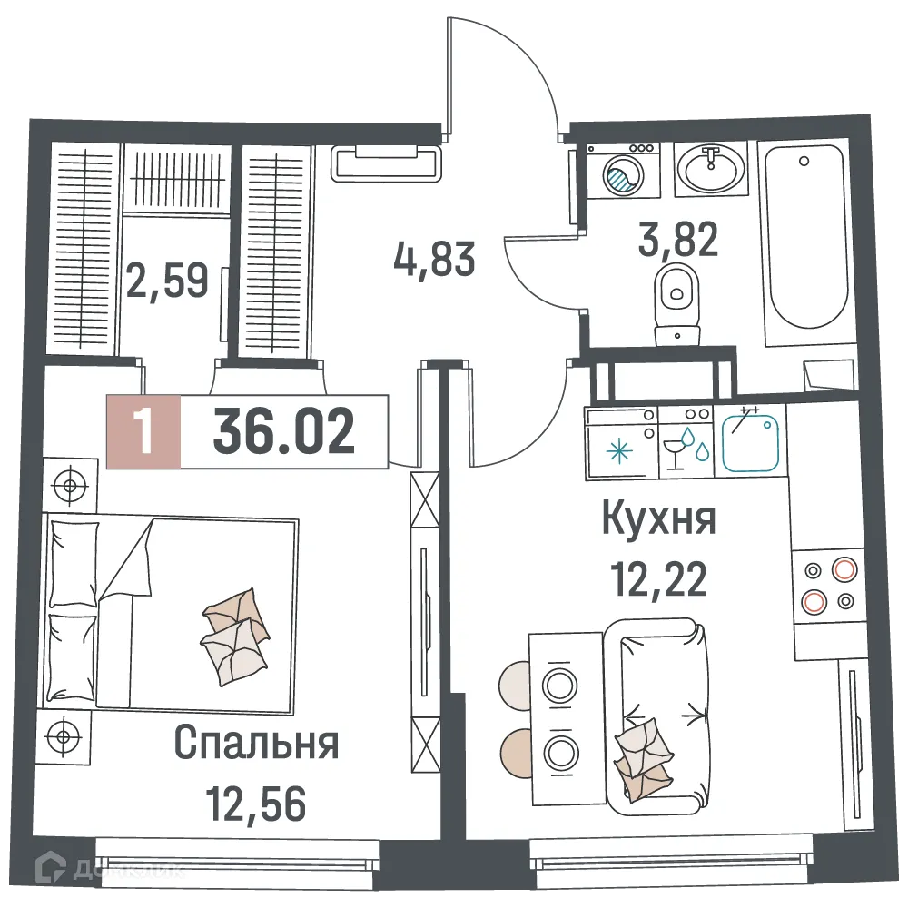 Планировка 1-комнатной квартиры 36.02 м² в ЖК "Авиатор", г. Мурино — фото 1