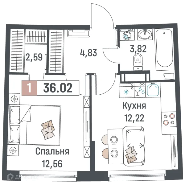 Планировка 1 комн. в ЖК "Авиатор"
