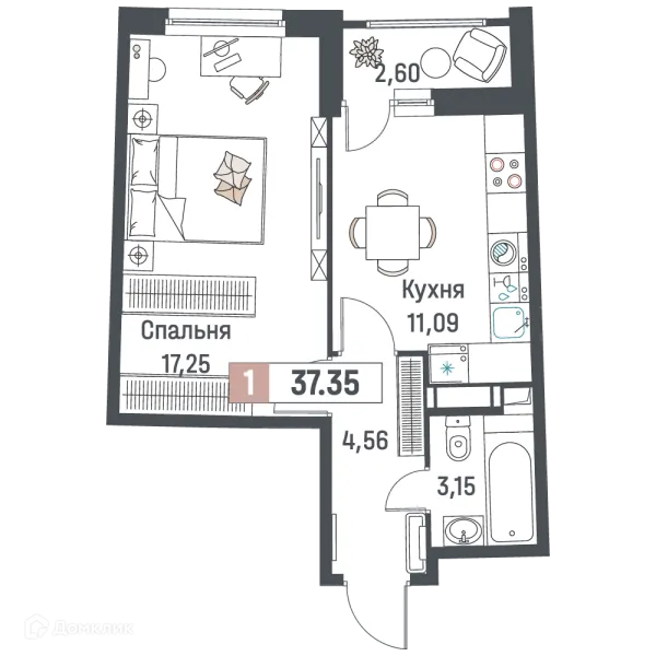Планировка 1 комн. в ЖК "Авиатор"
