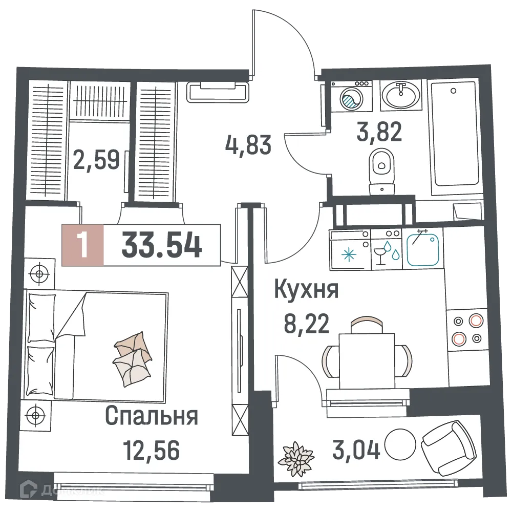 Планировка 1-комнатной квартиры 33.54 м² в ЖК "Авиатор", г. Мурино — фото 1