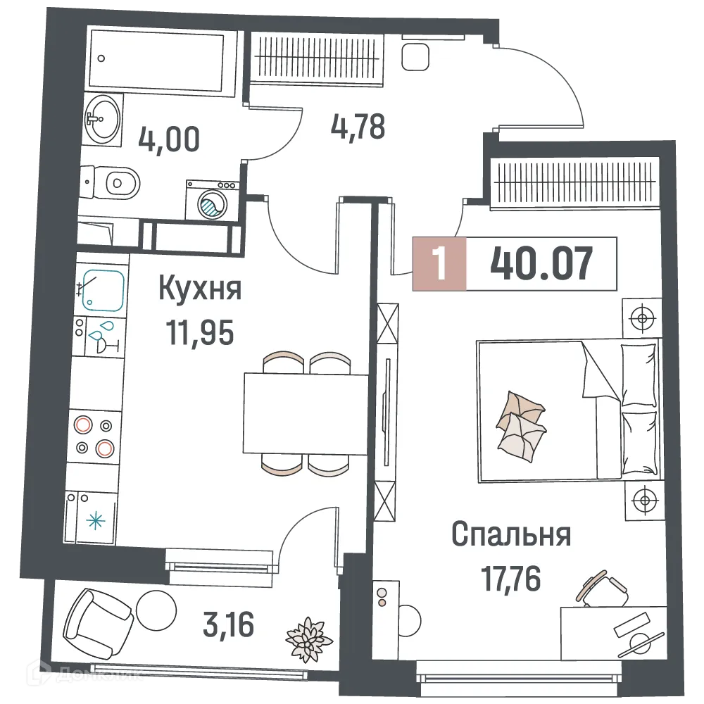 Планировка 1-комнатной квартиры 40.07 м² в ЖК "Авиатор", г. Мурино — фото 1
