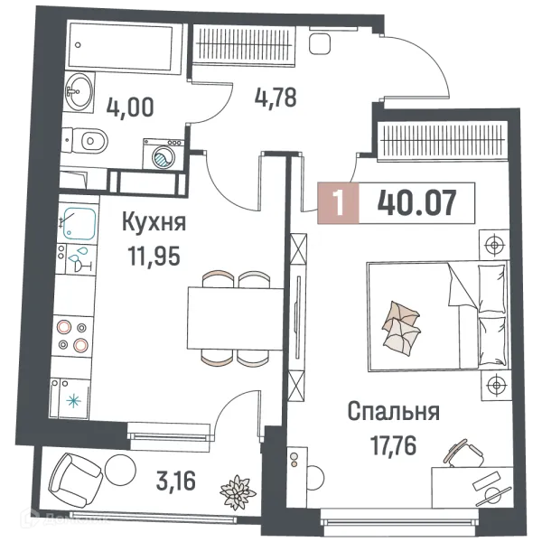 Планировка 1 комн. в ЖК "Авиатор"