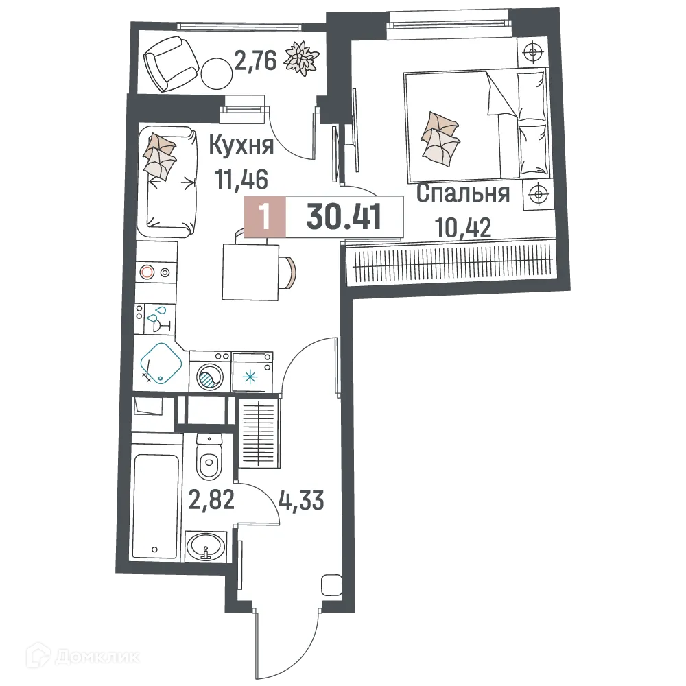 Планировка 1-комнатной квартиры 30.41 м² в ЖК "Авиатор", г. Мурино — фото 1
