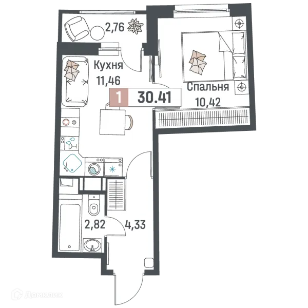 Планировка 1 комн. в ЖК "Авиатор"