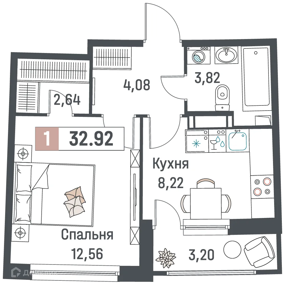 Планировка 1-комнатной квартиры 32.92 м² в ЖК "Авиатор", г. Мурино — фото 1