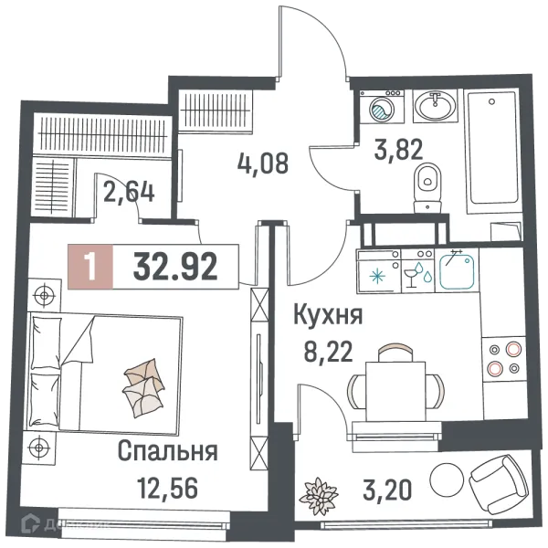 Планировка 1 комн. в ЖК "Авиатор"