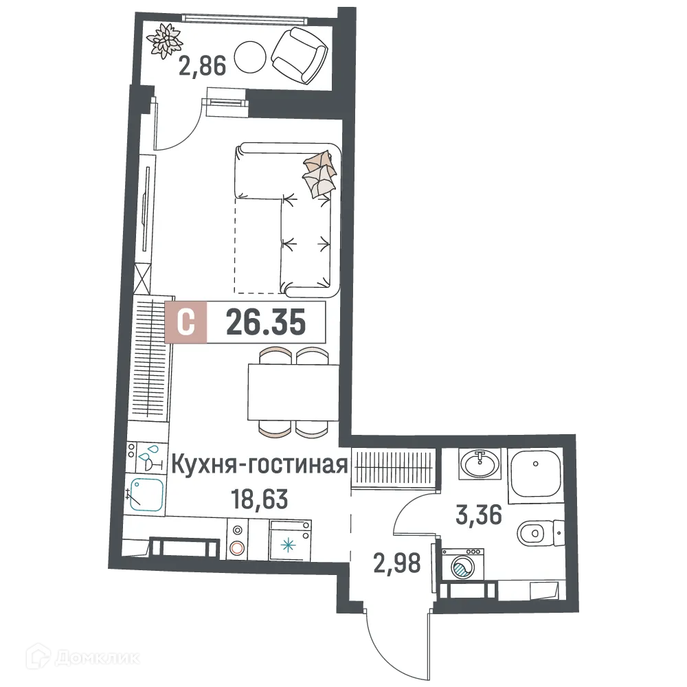 Планировка студии квартиры 26.35 м² в ЖК "Авиатор", г. Мурино — фото 1