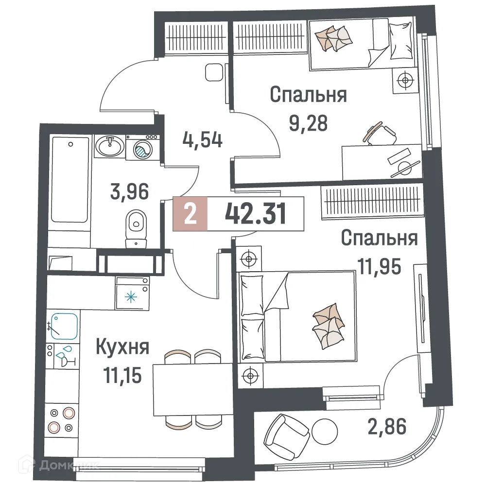 Планировка 2-комнатной квартиры 42.31 м² в ЖК "Авиатор", г. Мурино — фото 1