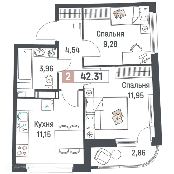 Планировка 2 комн. в ЖК "Авиатор"