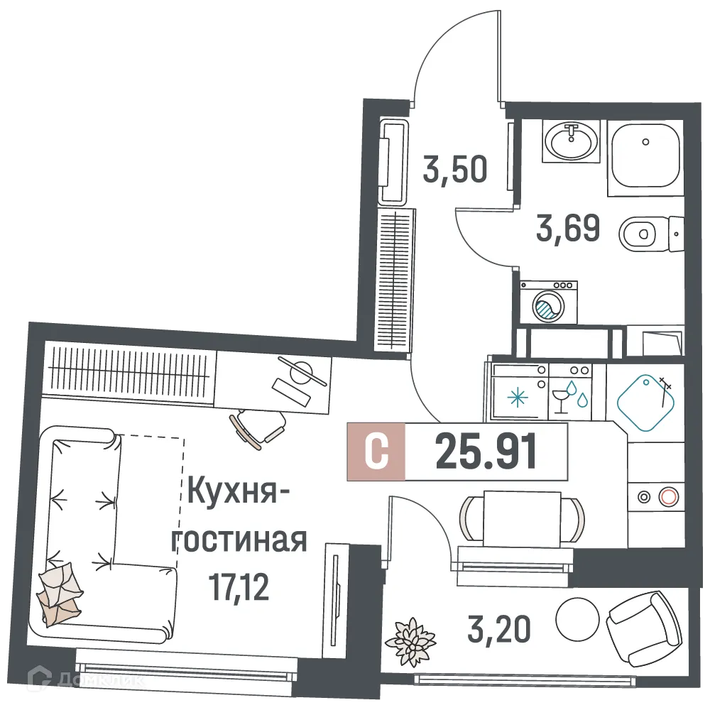 Планировка студии квартиры 25.91 м² в ЖК "Авиатор", г. Мурино — фото 1
