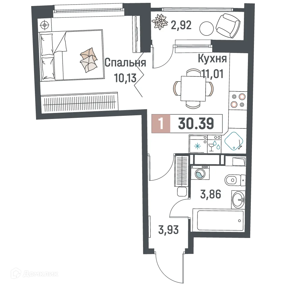 Планировка 1-комнатной квартиры 30.39 м² в ЖК "Авиатор", г. Мурино — фото 1