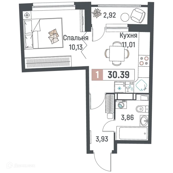Планировка 1 комн. в ЖК "Авиатор"