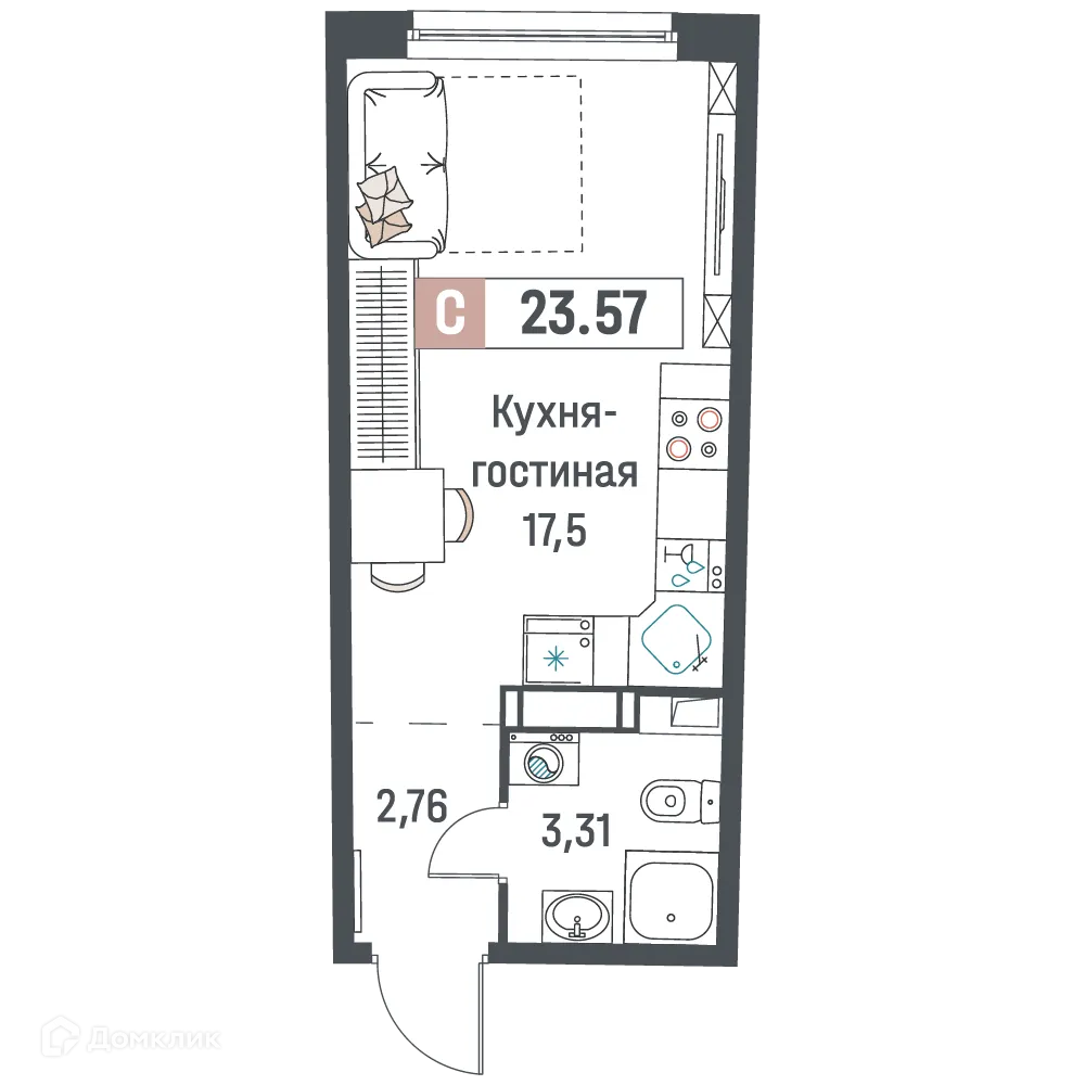 Планировка студии квартиры 23.57 м² в ЖК "Авиатор", г. Мурино — фото 1