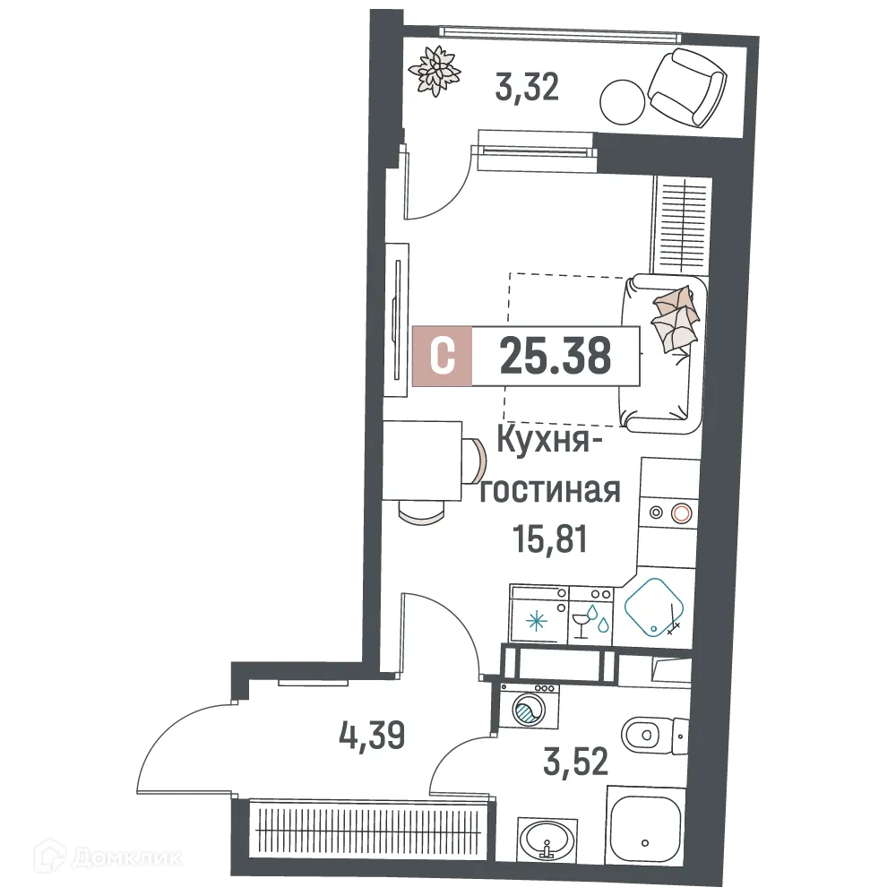 Планировка студии квартиры 25.38 м² в ЖК "Авиатор", г. Мурино — фото 1