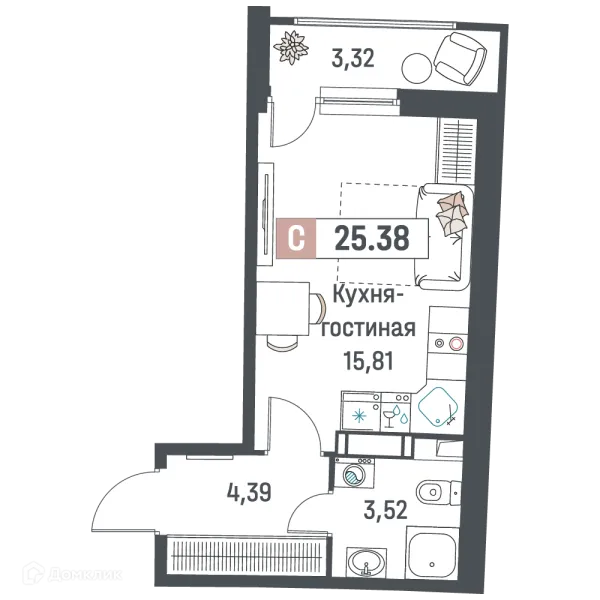Планировка Студия в ЖК "Авиатор"
