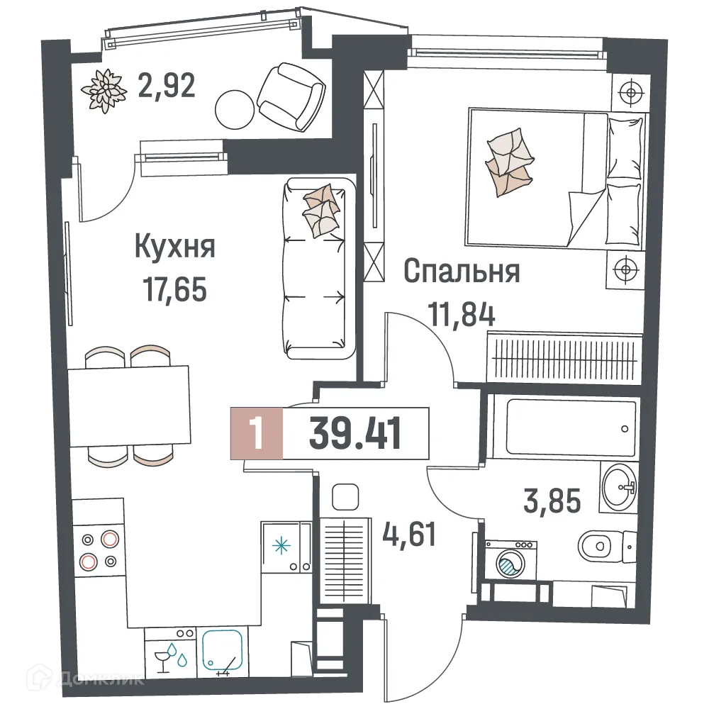Планировка 1-комнатной квартиры 39.41 м² в ЖК "Авиатор", г. Мурино — фото 1