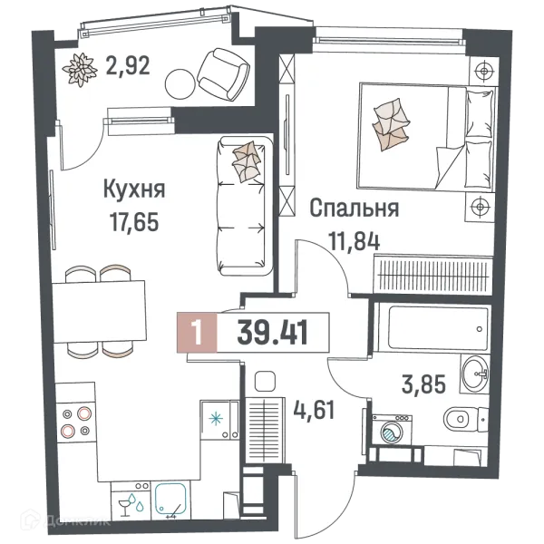 Планировка 1 комн. в ЖК "Авиатор"