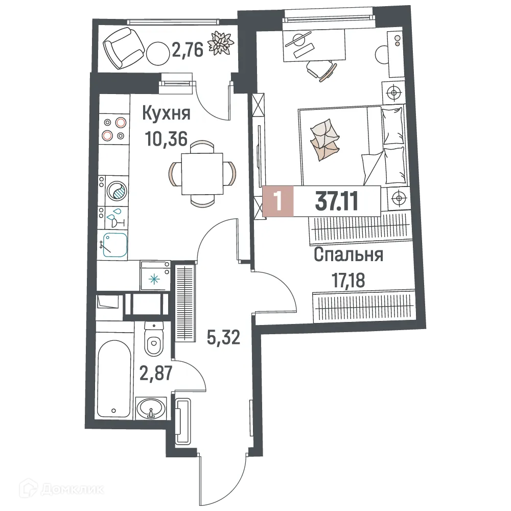 Планировка 1-комнатной квартиры 37.11 м² в ЖК "Авиатор", г. Мурино — фото 1