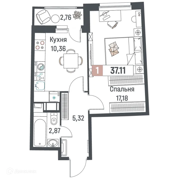 Планировка 1 комн. в ЖК "Авиатор"