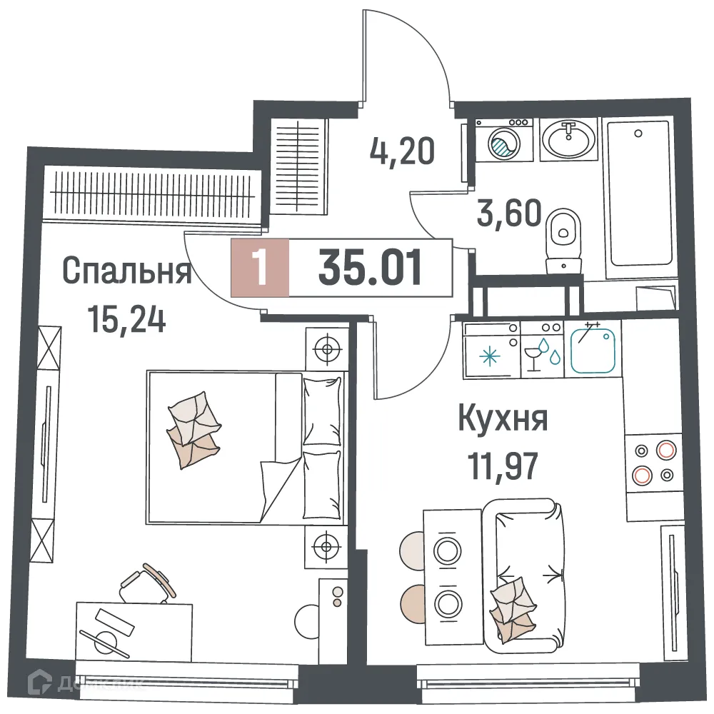 Планировка 1-комнатной квартиры 35.01 м² в ЖК "Авиатор", г. Мурино — фото 1