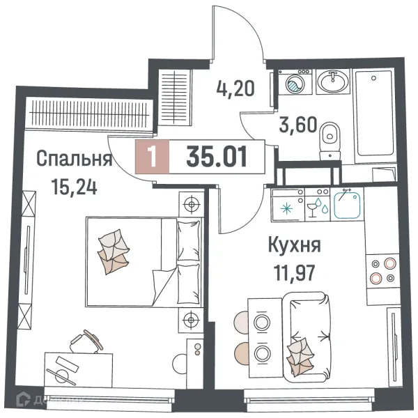 Планировка 1 комн. в ЖК "Авиатор"