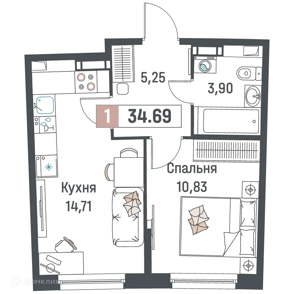 Планировка 1-комнатной квартиры 34.69 м² в ЖК "Авиатор", г. Мурино — фото 1