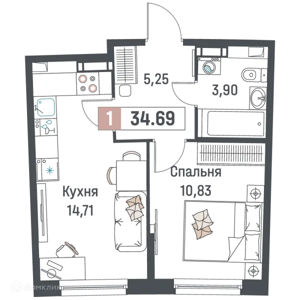 Планировка 1 комн. в ЖК "Авиатор"