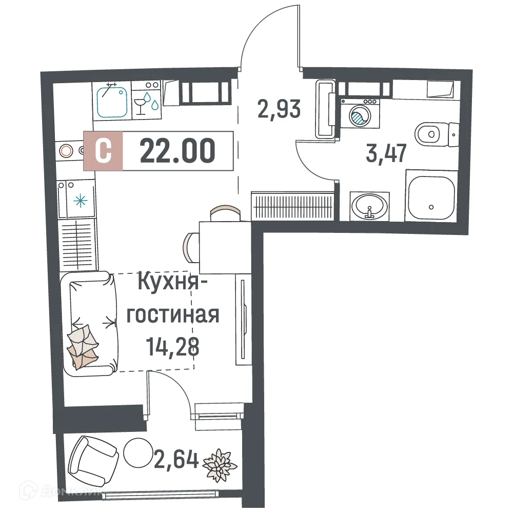 Планировка студии квартиры 22 м² в ЖК "Авиатор", г. Мурино — фото 1