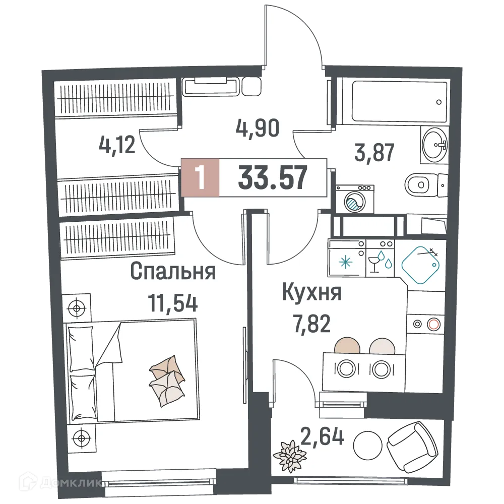 Планировка 1-комнатной квартиры 33.57 м² в ЖК "Авиатор", г. Мурино — фото 1