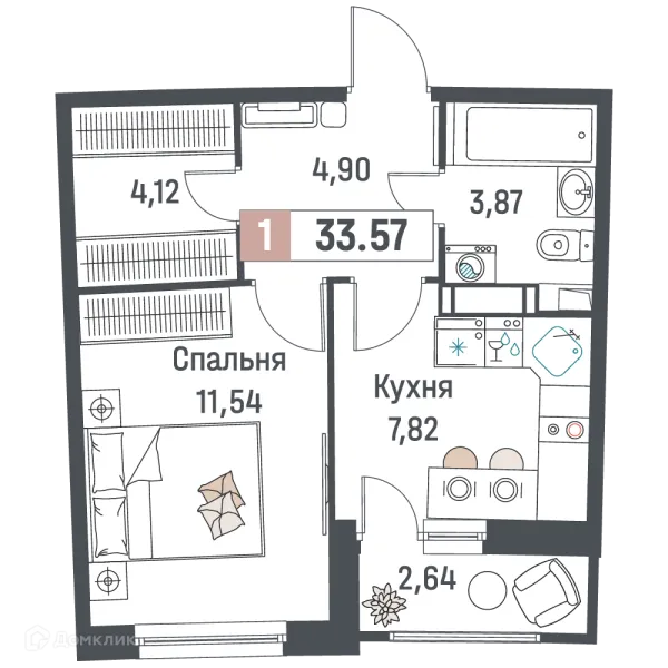 Планировка 1 комн. в ЖК "Авиатор"