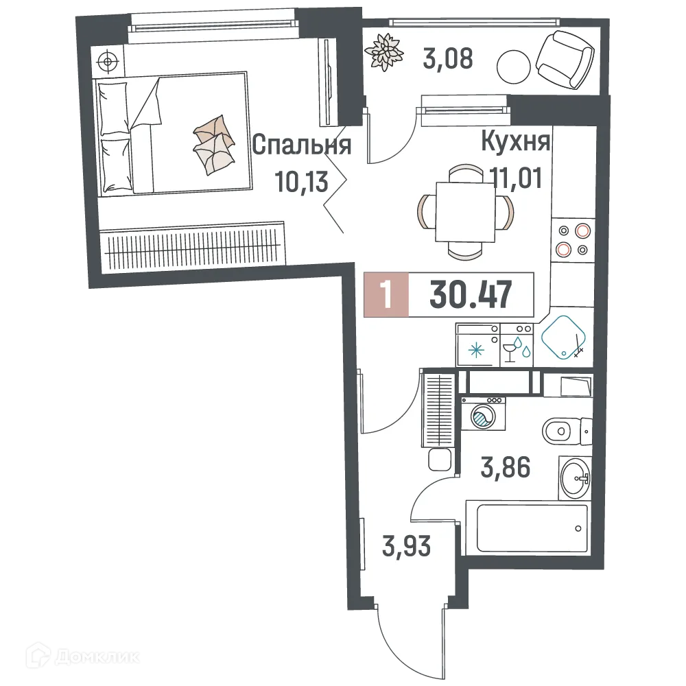 Планировка 1-комнатной квартиры 30.47 м² в ЖК "Авиатор", г. Мурино — фото 1