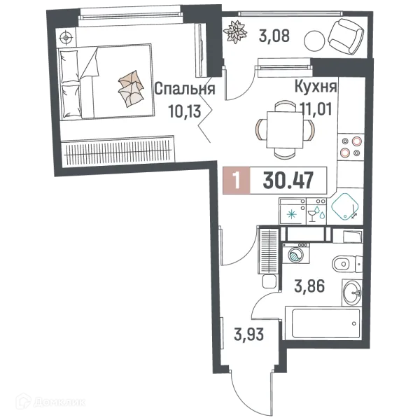 Планировка 1 комн. в ЖК "Авиатор"
