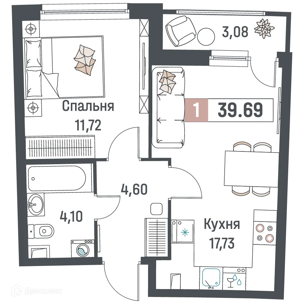 Планировка 1-комнатной квартиры 39.69 м² в ЖК "Авиатор", г. Мурино — фото 1