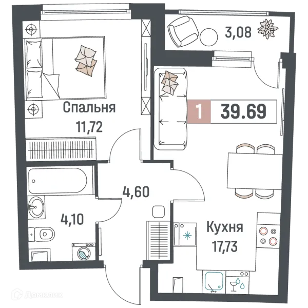 Планировка 1 комн. в ЖК "Авиатор"