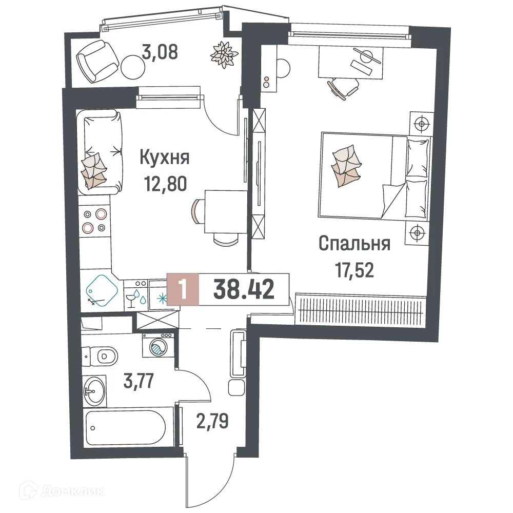 Планировка 1-комнатной квартиры 38.42 м² в ЖК "Авиатор", г. Мурино — фото 1