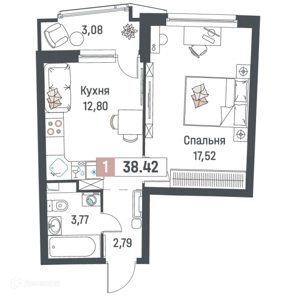 Планировка 1 комн. в ЖК "Авиатор"