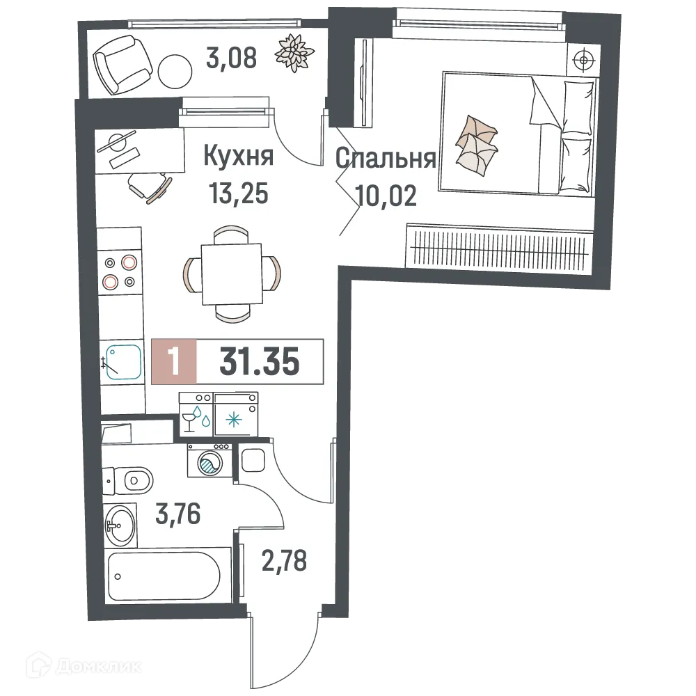Планировка 1-комнатной квартиры 31.35 м² в ЖК "Авиатор", г. Мурино — фото 1