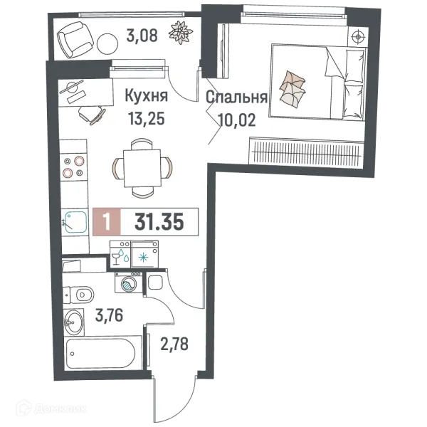 Планировка 1 комн. в ЖК "Авиатор"