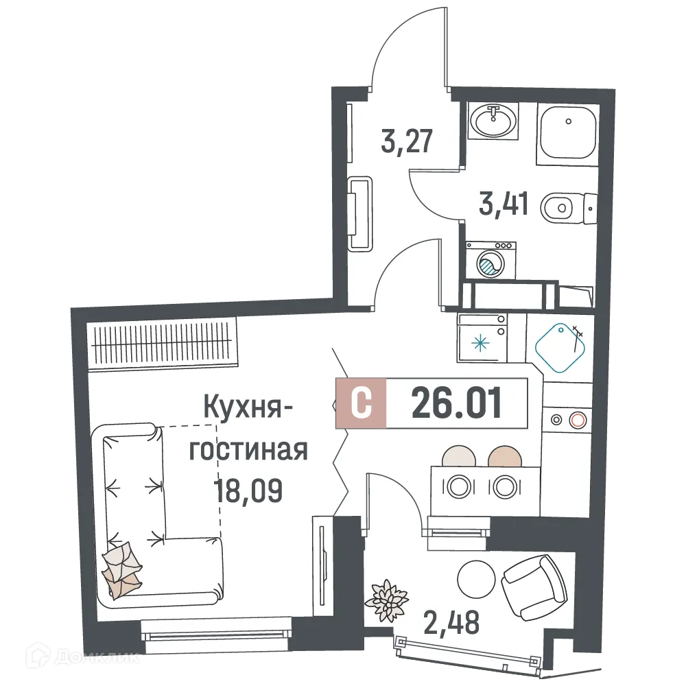 Планировка студии квартиры 26.01 м² в ЖК "Авиатор", г. Мурино — фото 1