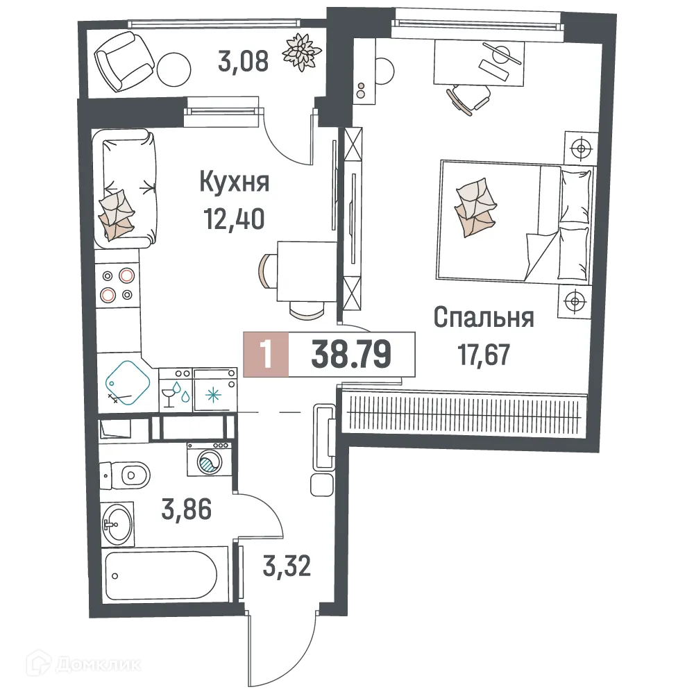 Планировка 1-комнатной квартиры 38.79 м² в ЖК "Авиатор", г. Мурино — фото 1
