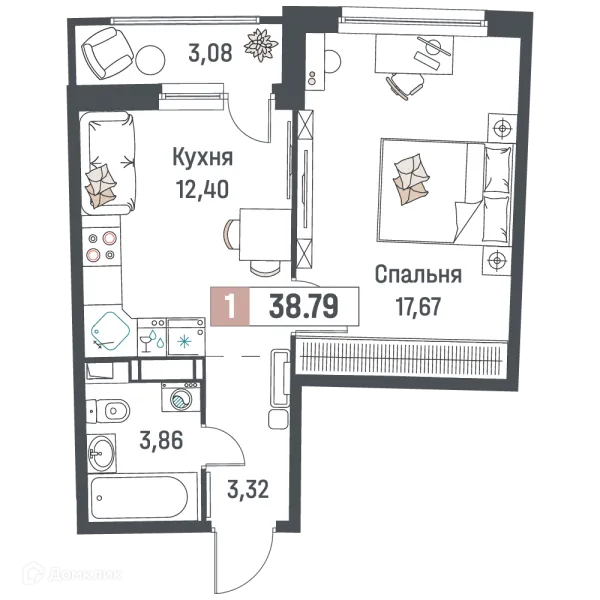 Планировка 1 комн. в ЖК "Авиатор"