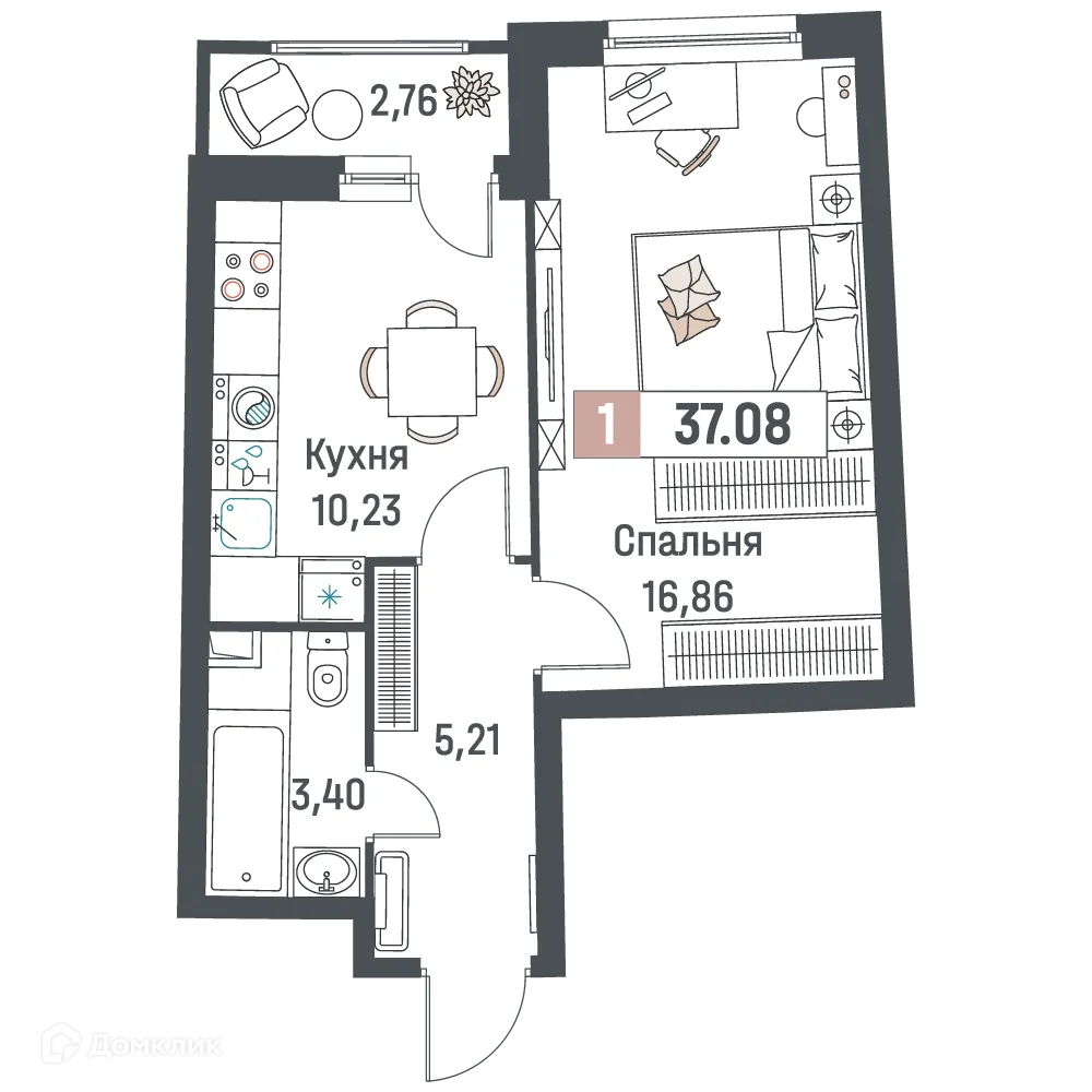 Планировка 1-комнатной квартиры 37.08 м² в ЖК "Авиатор", г. Мурино — фото 1