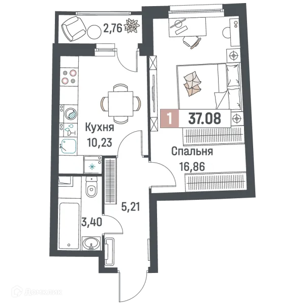 Планировка 1 комн. в ЖК "Авиатор"