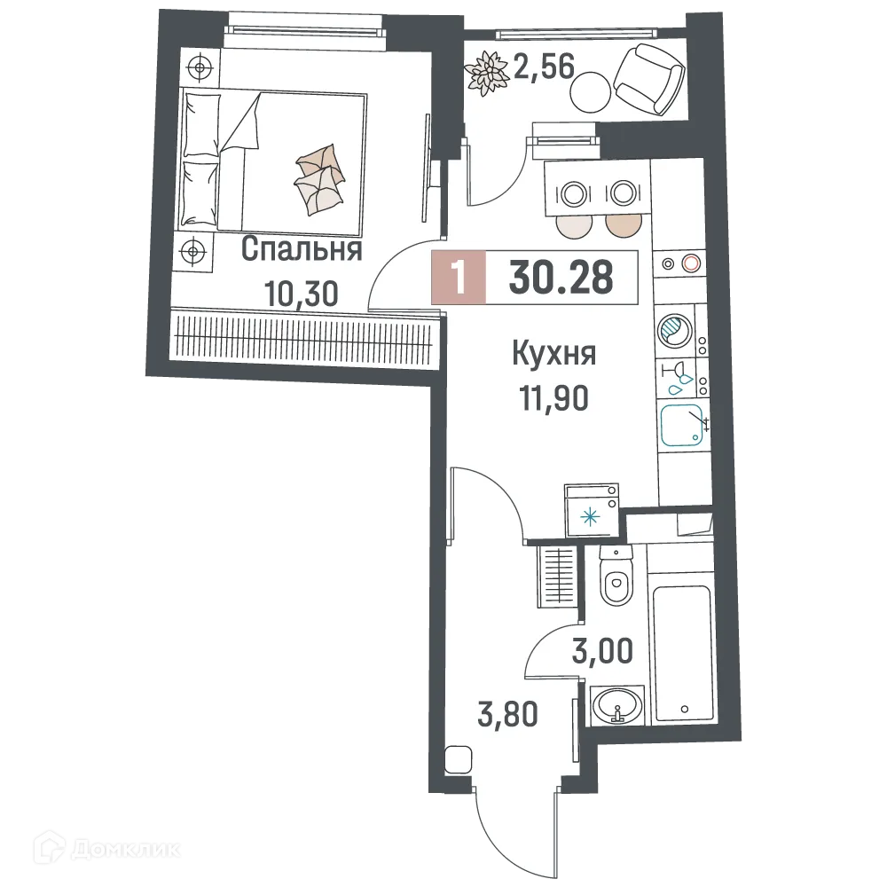 Планировка 1-комнатной квартиры 30.28 м² в ЖК "Авиатор", г. Мурино — фото 1