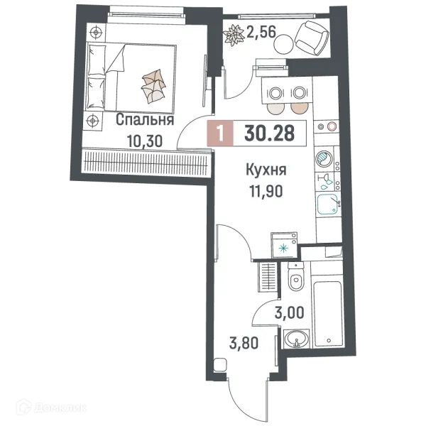 Планировка 1 комн. в ЖК "Авиатор"